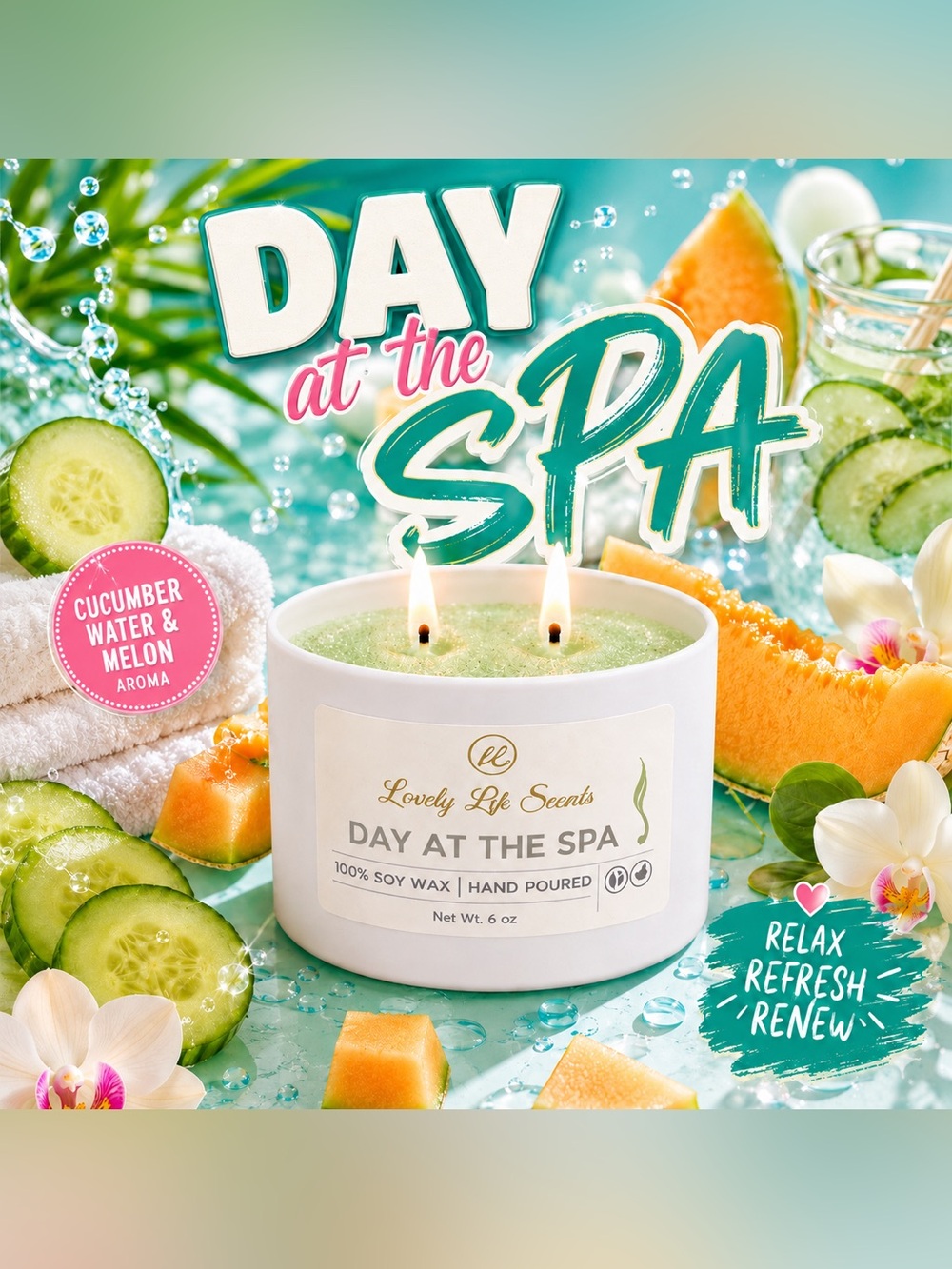 Day at the Spa Premium Soy Wax 6oz Double Wick Candle, Cucumber Water Scent